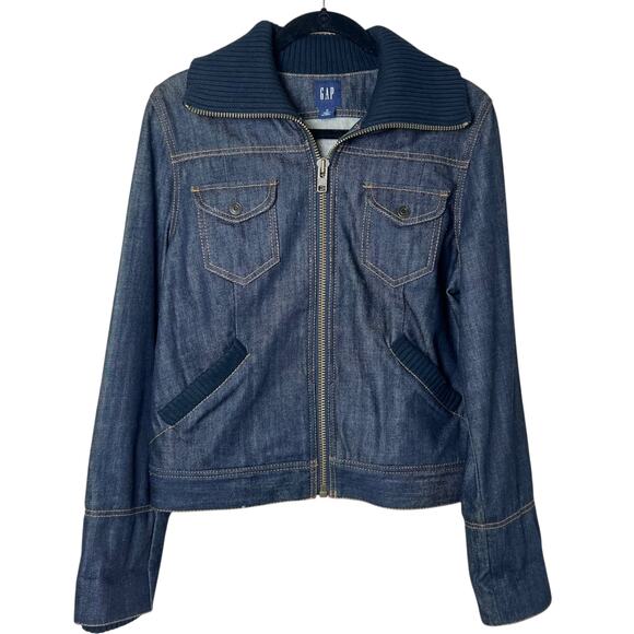Vintage Y2K Gap Full Zip Denim Jean Jacket Ribbed Collar Women's Medium - Picture 1 of 9
